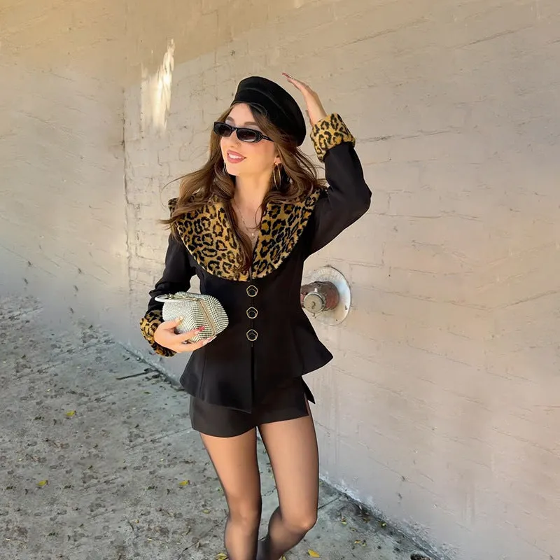 New Women's Clothing for Autumn and Winter! Retro Sexy Hot Girl Leopard Print Fur Collar Cardigan with Design Sense, Waist-Cinching and Slim-Fitting Jacket. C-241023-3