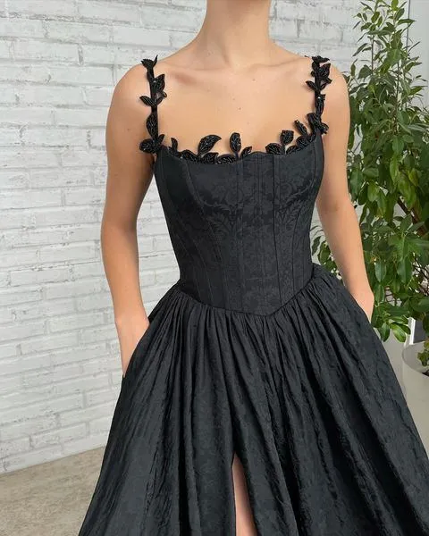 Newest A-line Off-shoulder Side Slit Black Long Prom Dresses, PDS0267