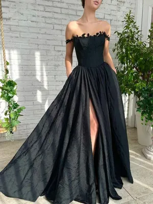 Newest A-line Off-shoulder Side Slit Black Long Prom Dresses, PDS0267