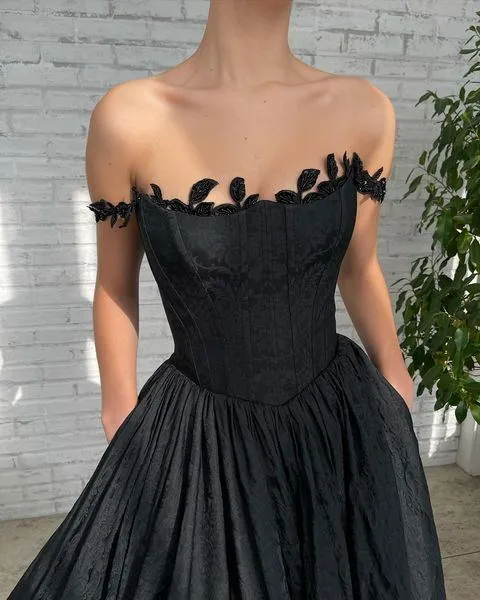 Newest A-line Off-shoulder Side Slit Black Long Prom Dresses, PDS0267