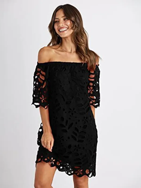 Off-Shoulder Knee-Length Dress with Floral Cut-Out Design