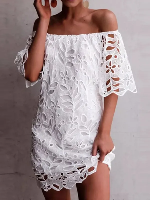 Off-Shoulder Knee-Length Dress with Floral Cut-Out Design