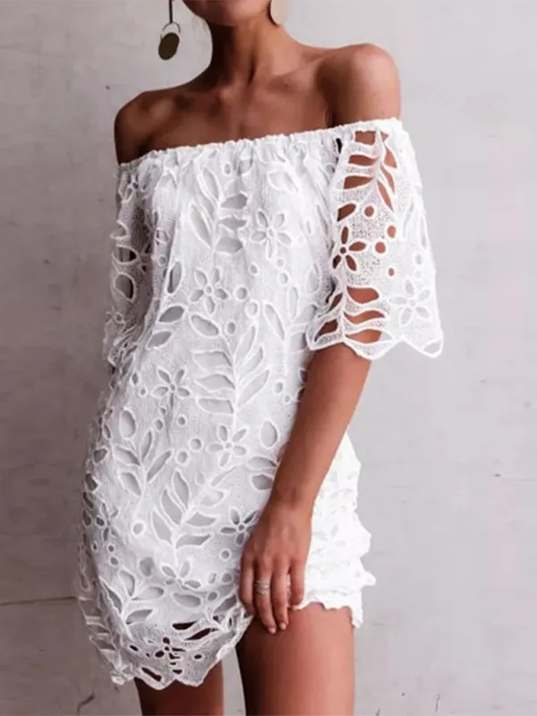 Off-Shoulder Knee-Length Dress with Floral Cut-Out Design