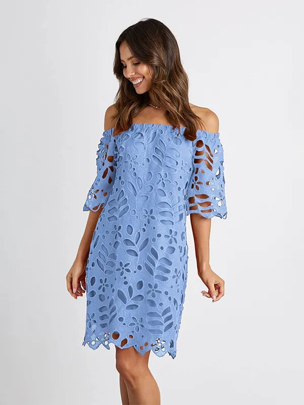 Off-Shoulder Knee-Length Dress with Floral Cut-Out Design