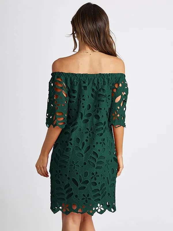 Off-Shoulder Knee-Length Dress with Floral Cut-Out Design