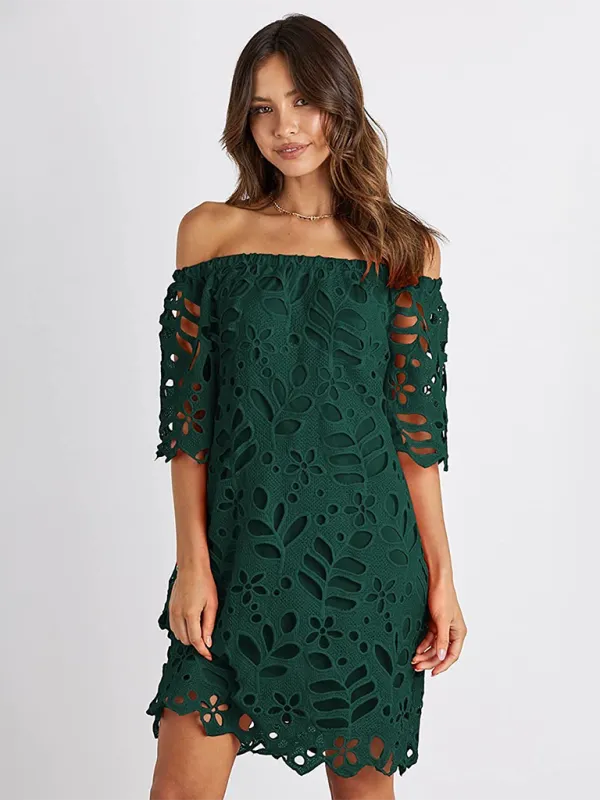 Off-Shoulder Knee-Length Dress with Floral Cut-Out Design
