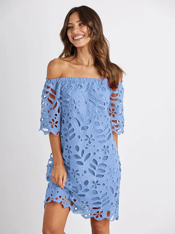 Off-Shoulder Knee-Length Dress with Floral Cut-Out Design