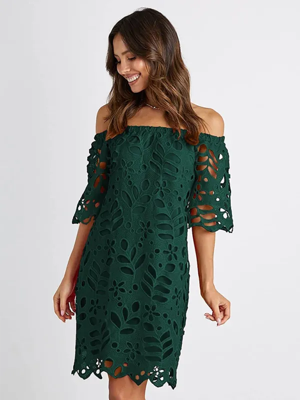 Off-Shoulder Knee-Length Dress with Floral Cut-Out Design