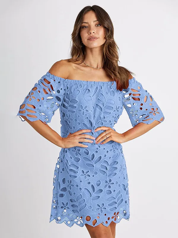 Off-Shoulder Knee-Length Dress with Floral Cut-Out Design