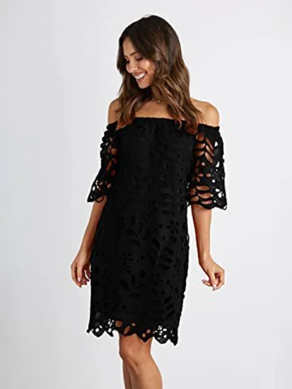 Off-Shoulder Knee-Length Dress with Floral Cut-Out Design