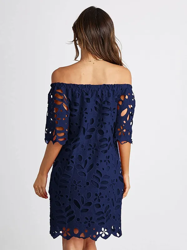 Off-Shoulder Knee-Length Dress with Floral Cut-Out Design