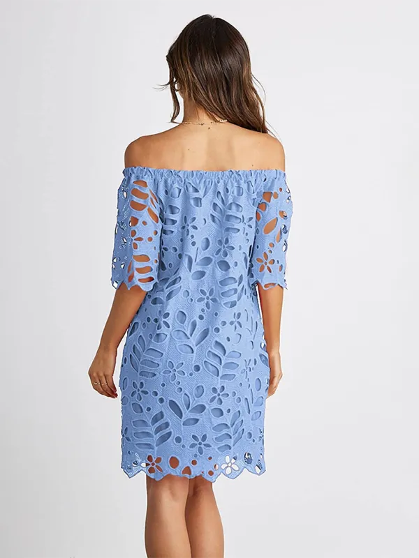 Off-Shoulder Knee-Length Dress with Floral Cut-Out Design