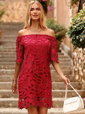 Off-Shoulder Knee-Length Dress with Floral Cut-Out Design