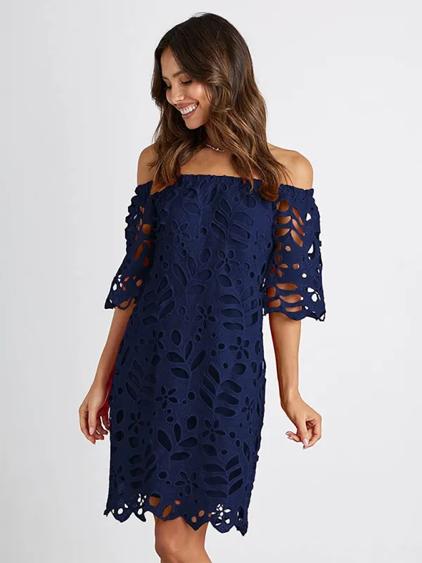 Off-Shoulder Knee-Length Dress with Floral Cut-Out Design
