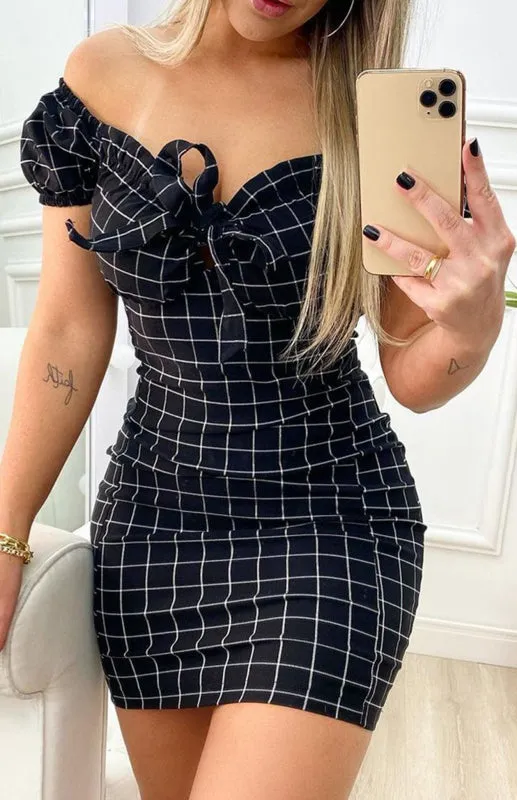 Off-the-Shoulder Mini Dress with Geometric Grid and Bow Tie