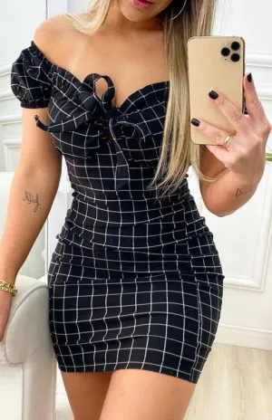 Off-the-Shoulder Mini Dress with Geometric Grid and Bow Tie