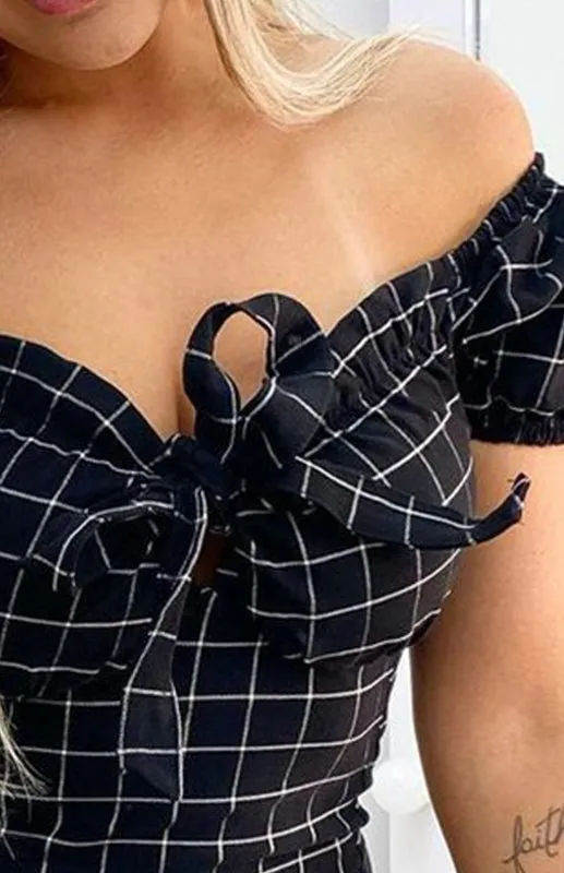 Off-the-Shoulder Mini Dress with Geometric Grid and Bow Tie