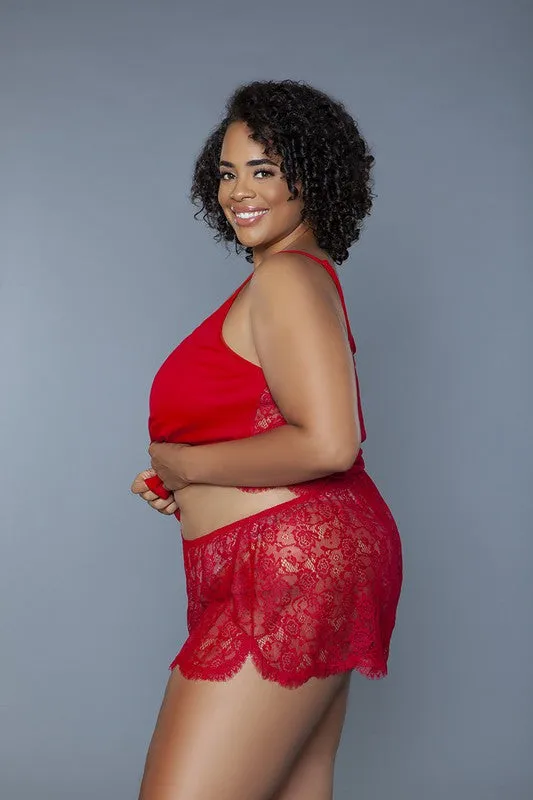 Peyton Lace Cami & Shorts Set – Jersey Knit Top with Sheer Lace Back & Side-Slit Shorts