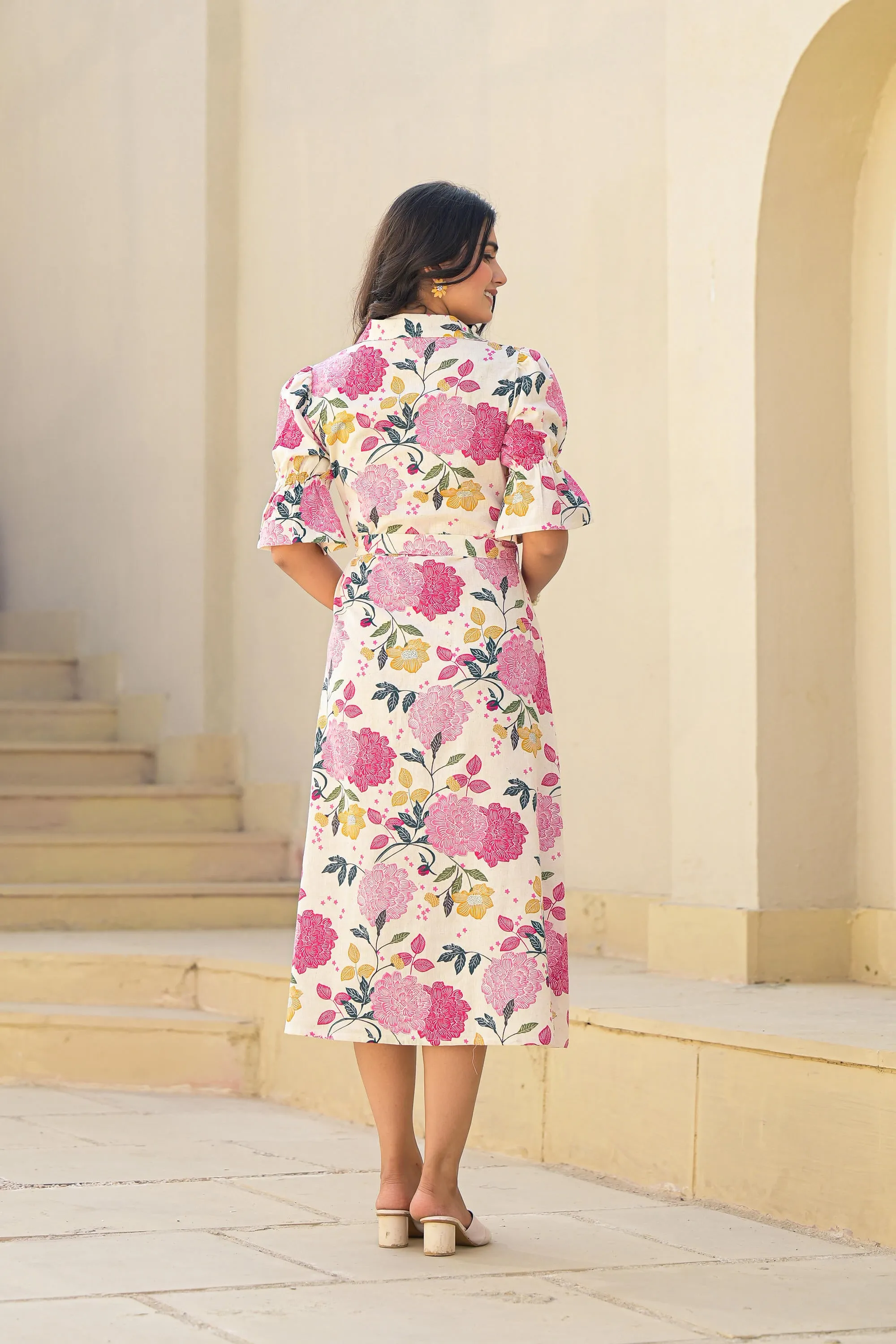 Pink Floral Printed Cotton Long Dress With Belt