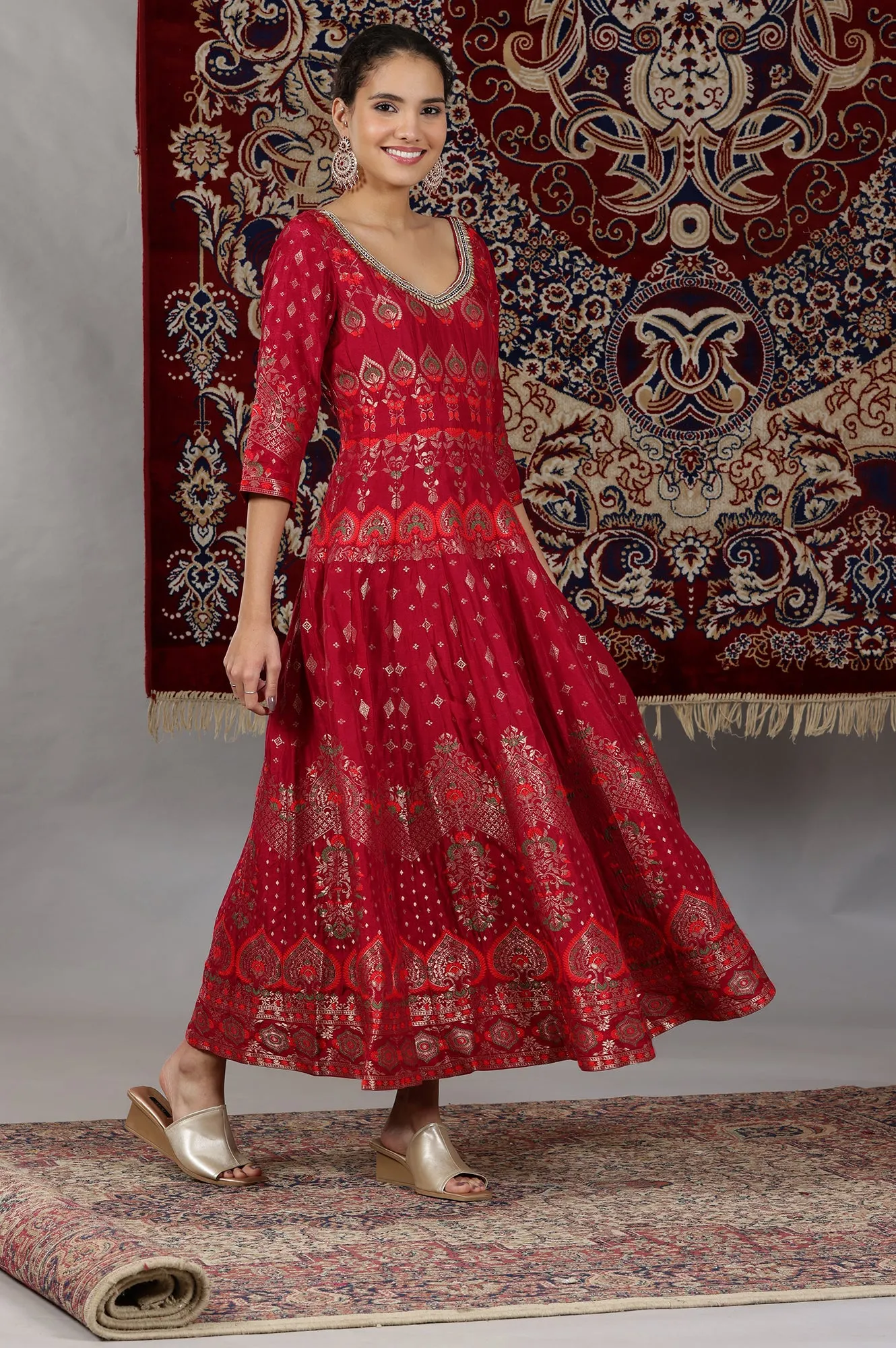 Pink Yarn Dyed Embellished Brocade Anarkali Dress and Dupatta Set