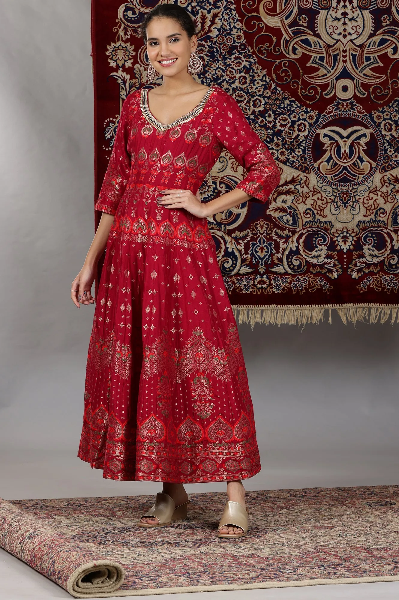 Pink Yarn Dyed Embellished Brocade Anarkali Dress and Dupatta Set