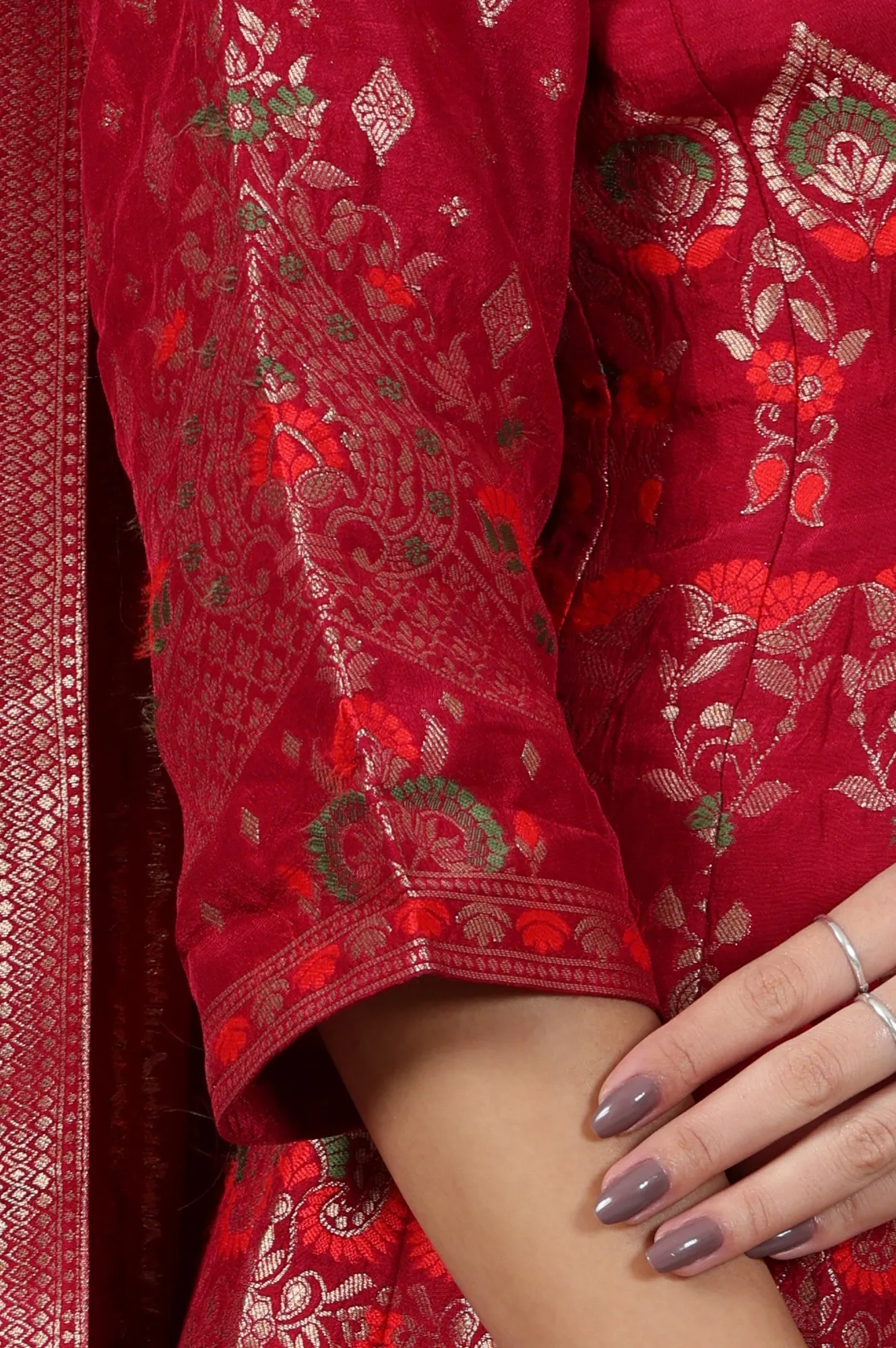 Pink Yarn Dyed Embellished Brocade Anarkali Dress and Dupatta Set