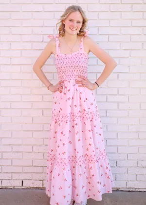PINK/RED FLORAL PRINT TIE SHOULDER MAXI DRESS