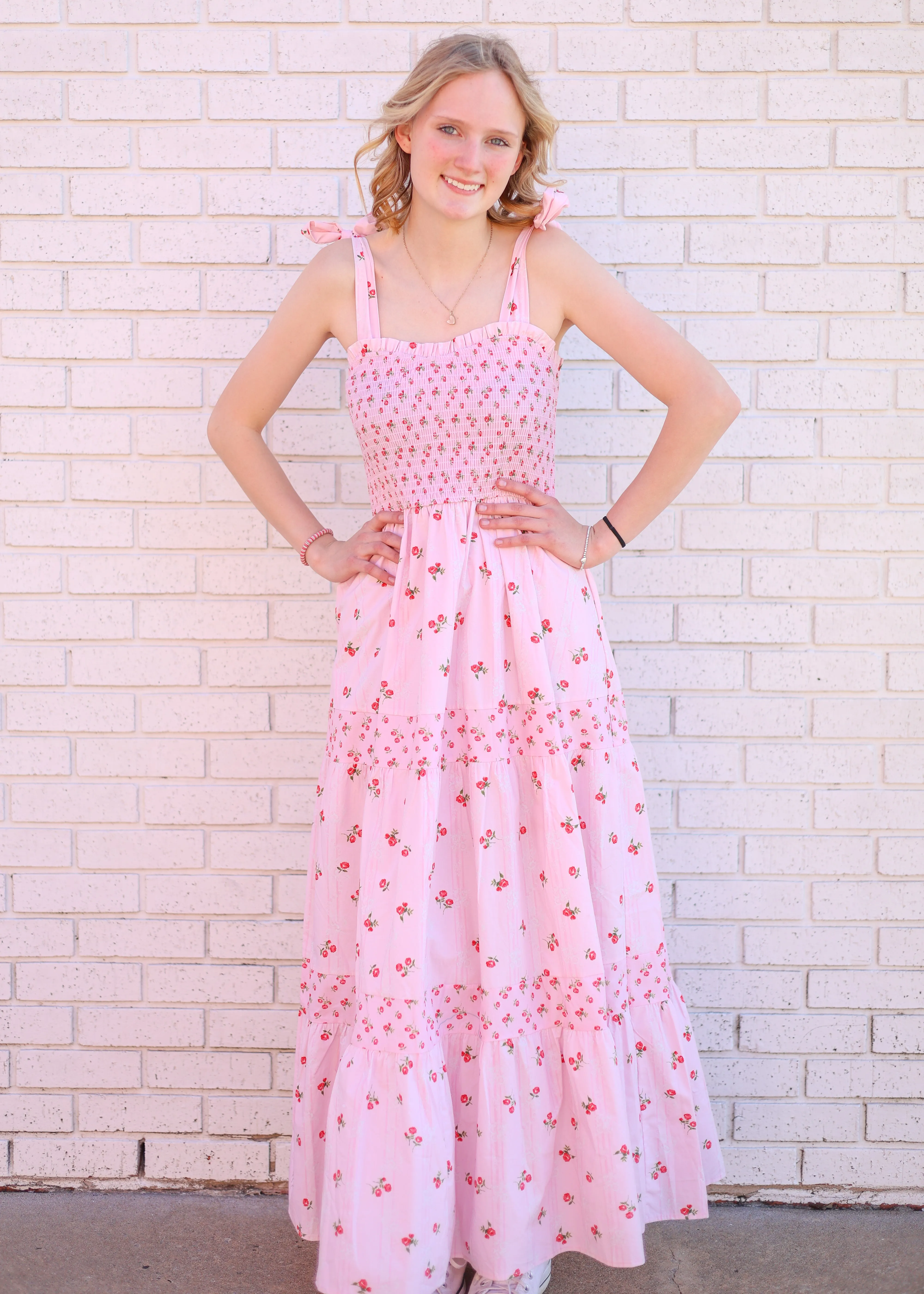PINK/RED FLORAL PRINT TIE SHOULDER MAXI DRESS