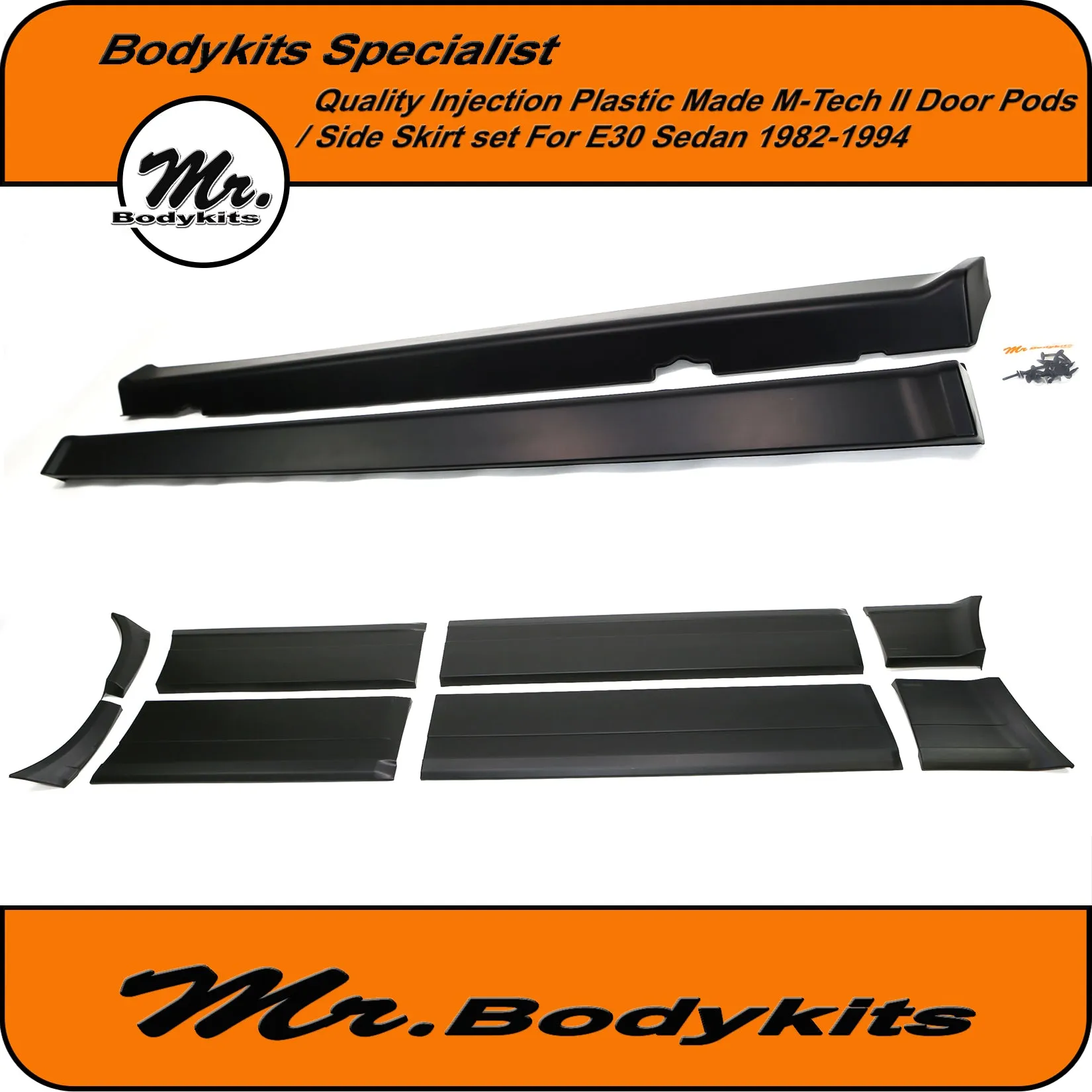 Plastic BMW E30 M-Tech 2 Side Skirts & Door Panel Set - For 1982-1994 Sedan (10PCS)