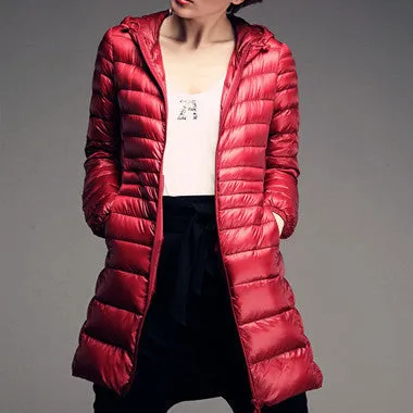 Plus size 6XL 90% White duck down jacket Women ultra light down jacket winter hooded thin long overcoat YT77-1