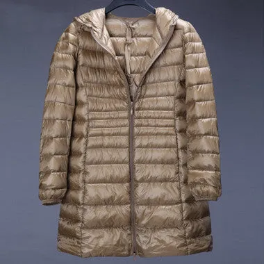 Plus size 6XL 90% White duck down jacket Women ultra light down jacket winter hooded thin long overcoat YT77-1