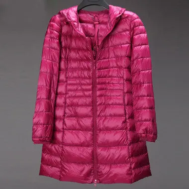 Plus size 6XL 90% White duck down jacket Women ultra light down jacket winter hooded thin long overcoat YT77-1