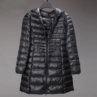Plus size 6XL 90% White duck down jacket Women ultra light down jacket winter hooded thin long overcoat YT77-1