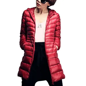 Plus size 6XL 90% White duck down jacket Women ultra light down jacket winter hooded thin long overcoat YT77-1