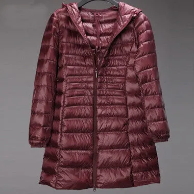 Plus size 6XL 90% White duck down jacket Women ultra light down jacket winter hooded thin long overcoat YT77-1