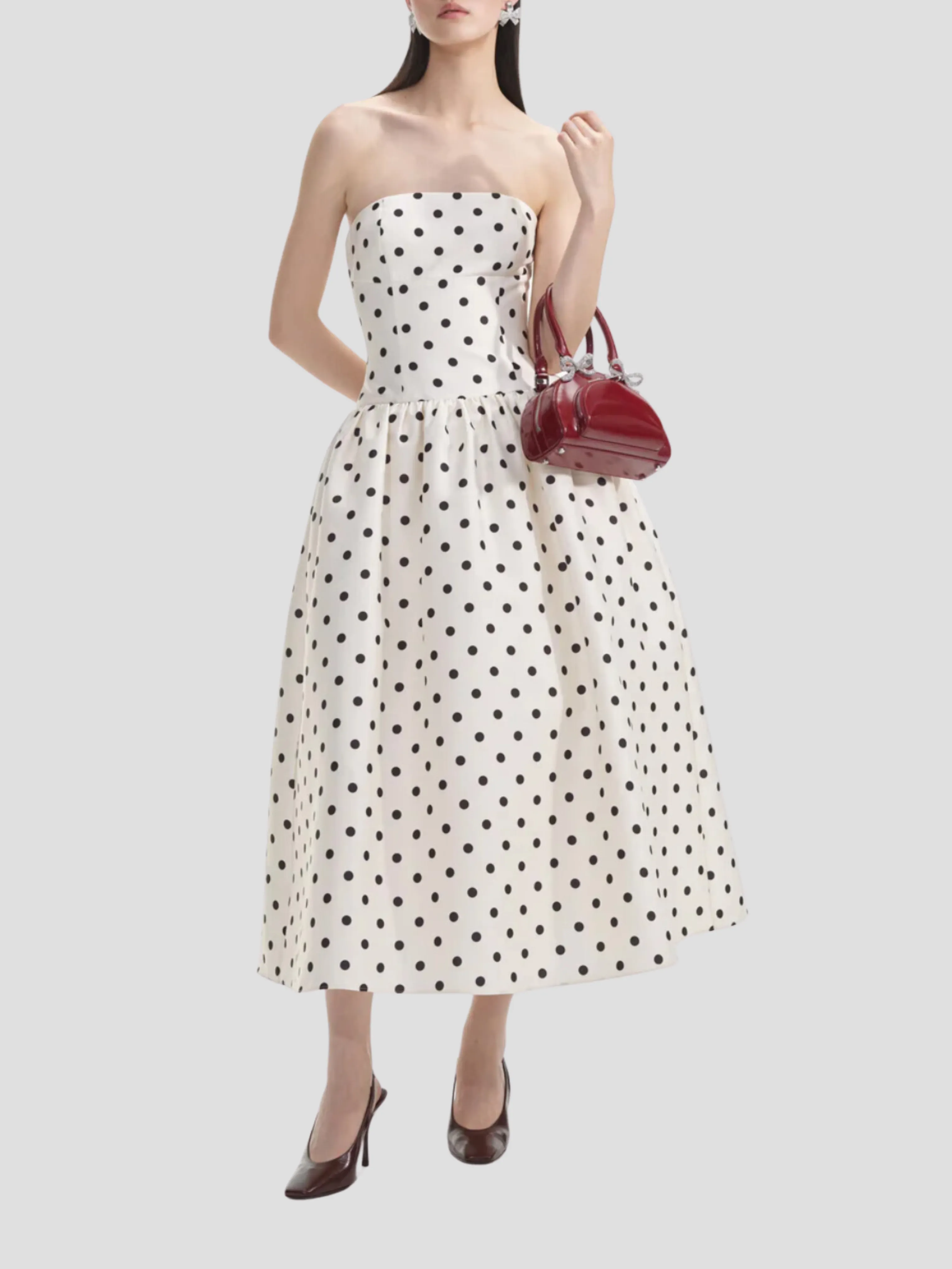 Polka Dot Taffeta Midi Dress in Cream
