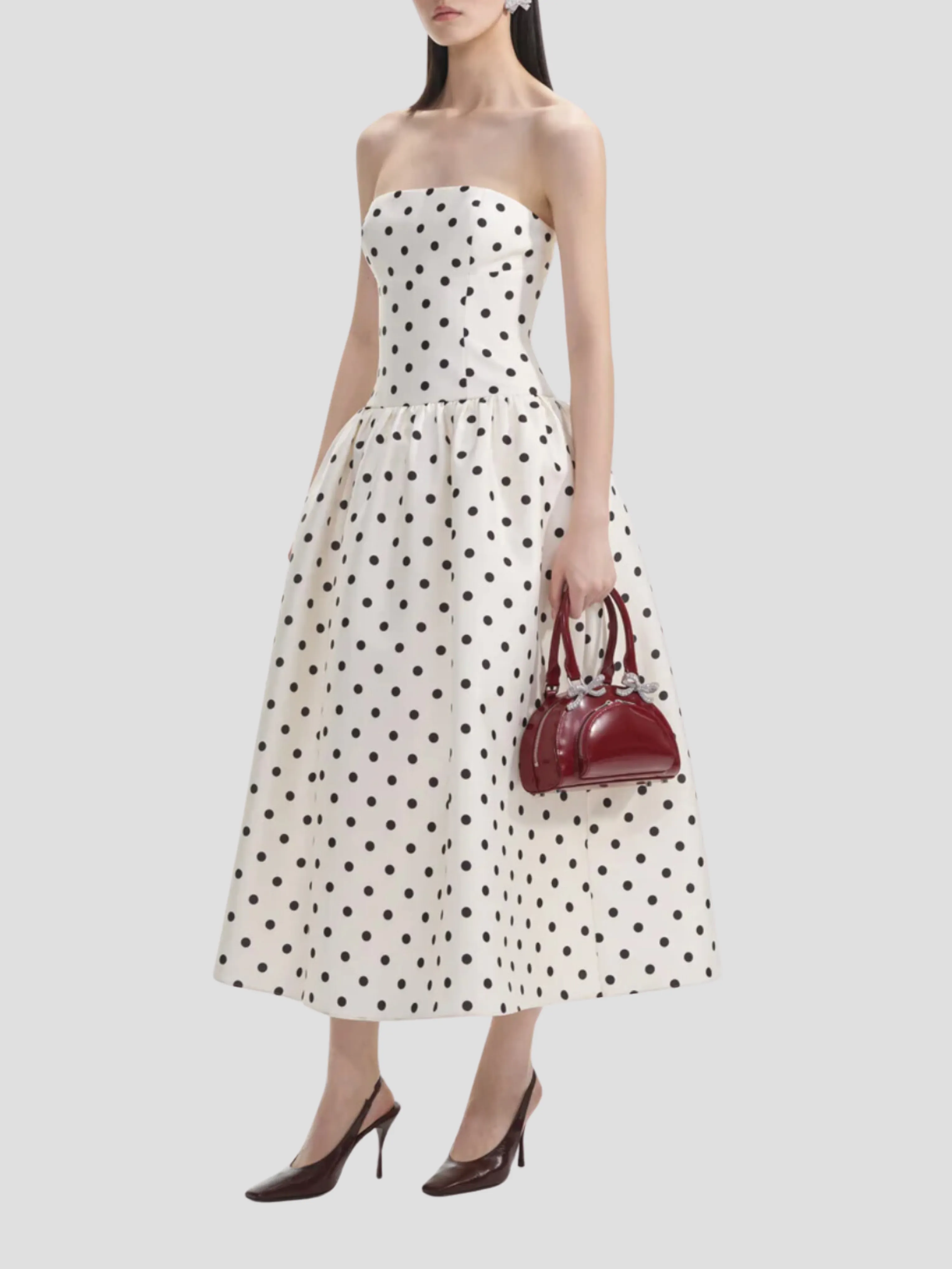 Polka Dot Taffeta Midi Dress in Cream