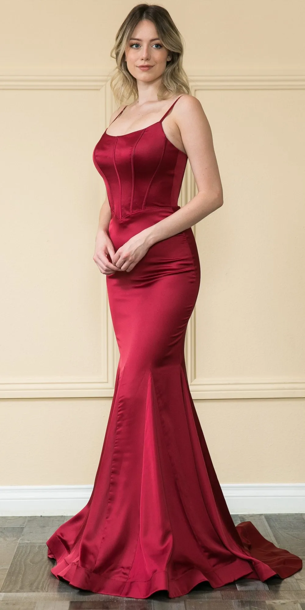 Poly USA 9006 Floor Length Charmeuse Mermaid Gown Boned Bodice