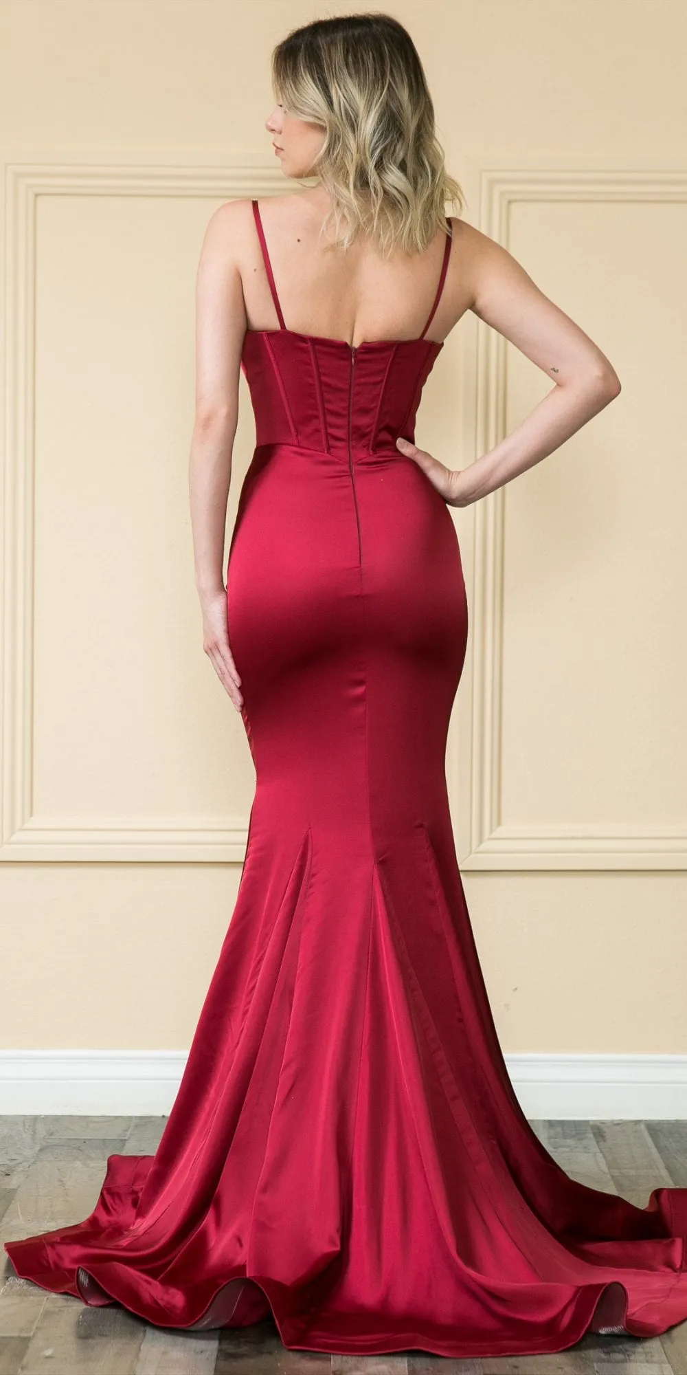 Poly USA 9006 Floor Length Charmeuse Mermaid Gown Boned Bodice