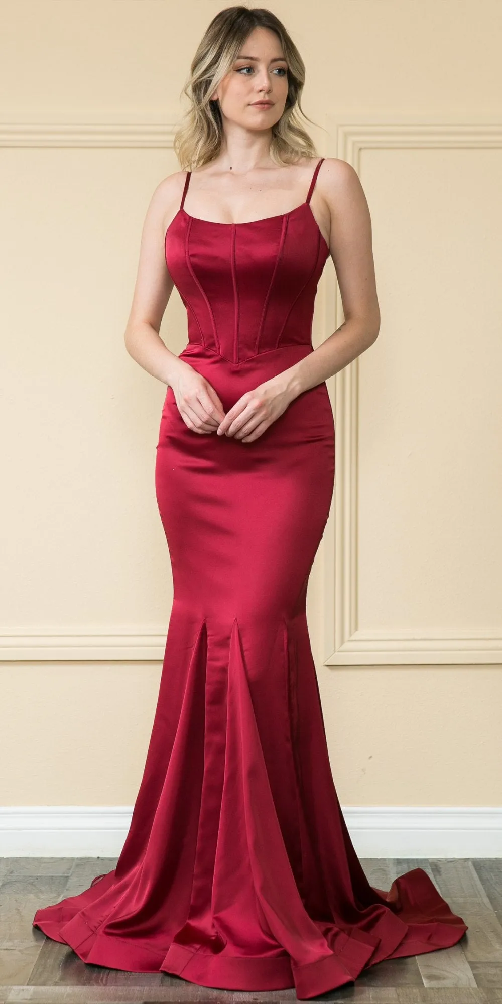 Poly USA 9006 Floor Length Charmeuse Mermaid Gown Boned Bodice