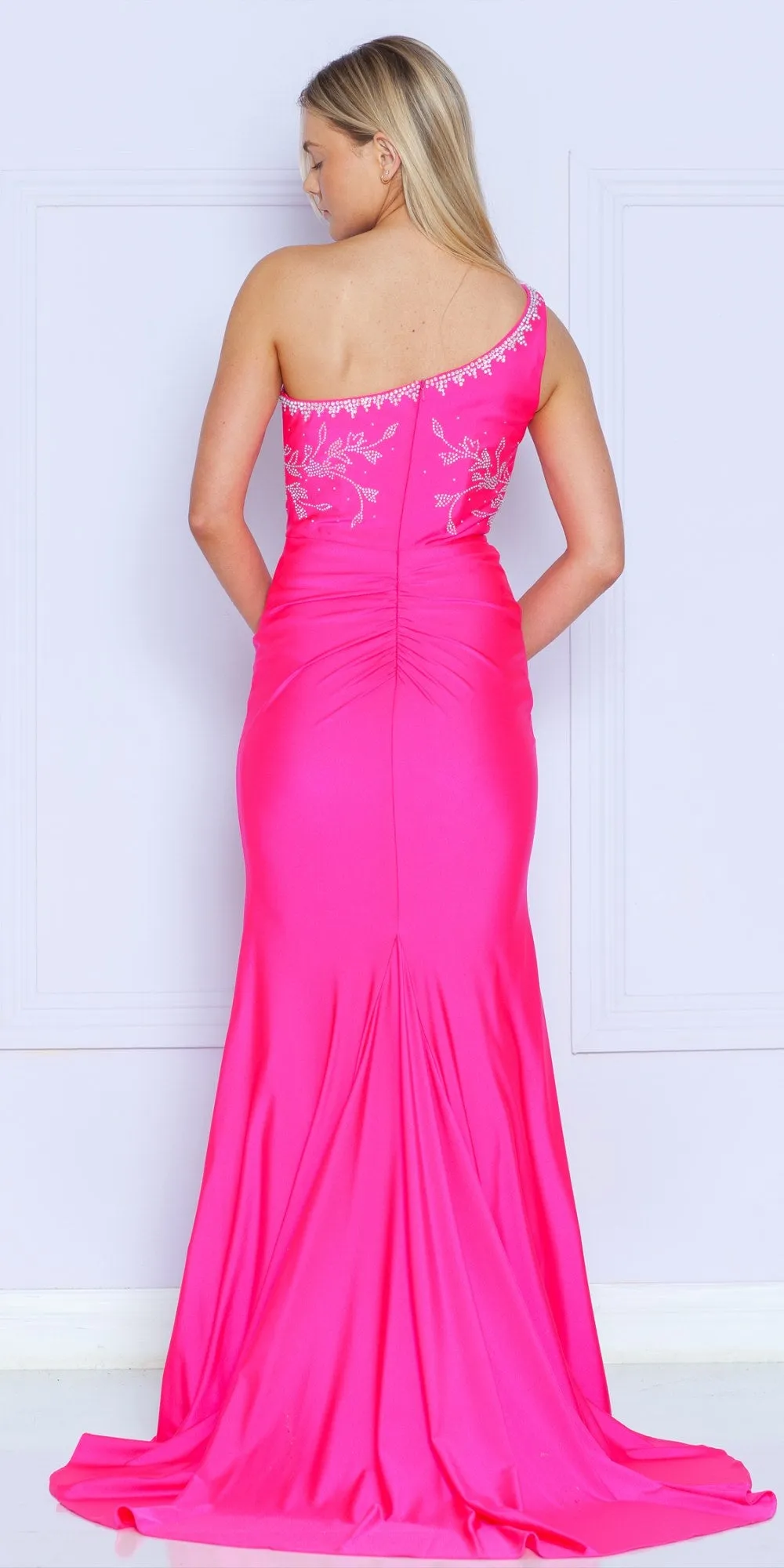 Poly USA 9136 Long Span Jersey One Shoulder Rhinestone Gown Slit