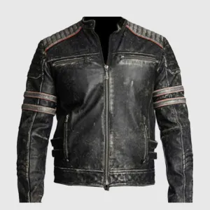 Premium Quality Mens Biker Vintage Motorcycle Distressed Black Retro Leather Jacket
