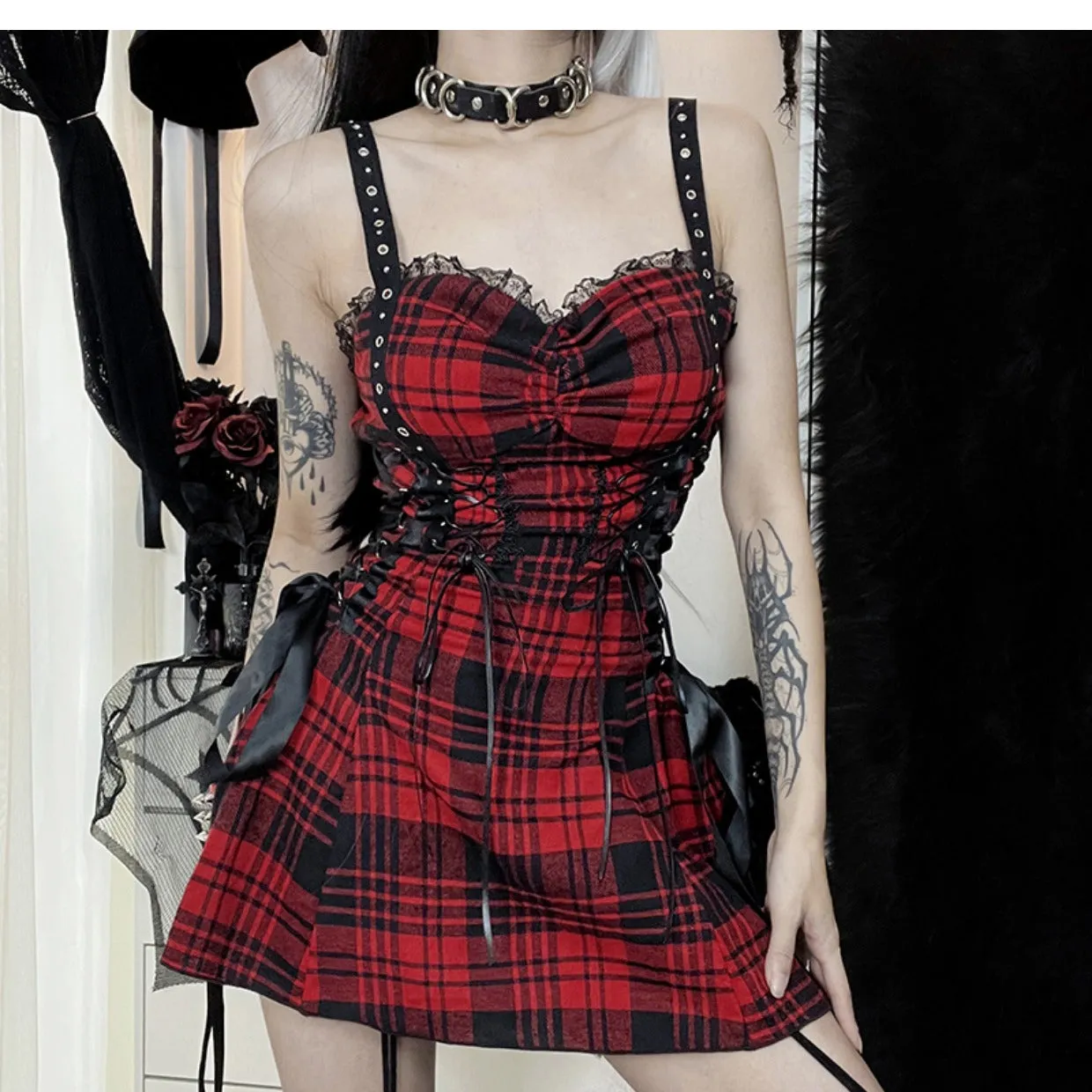 PUNK PLAID SUSPENDER DRESS UB98096
