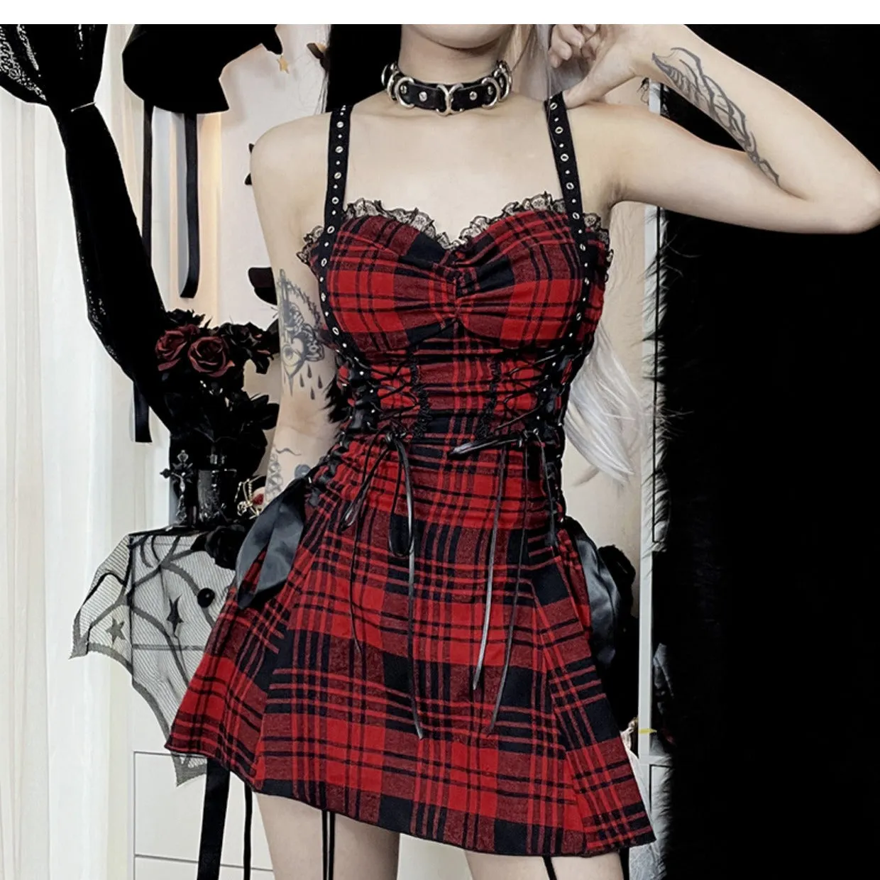 PUNK PLAID SUSPENDER DRESS UB98096