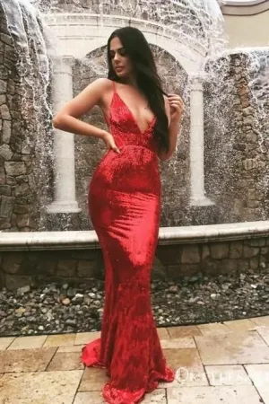 Red Sequin Fitted Prom Dresses with Deep V Neckline