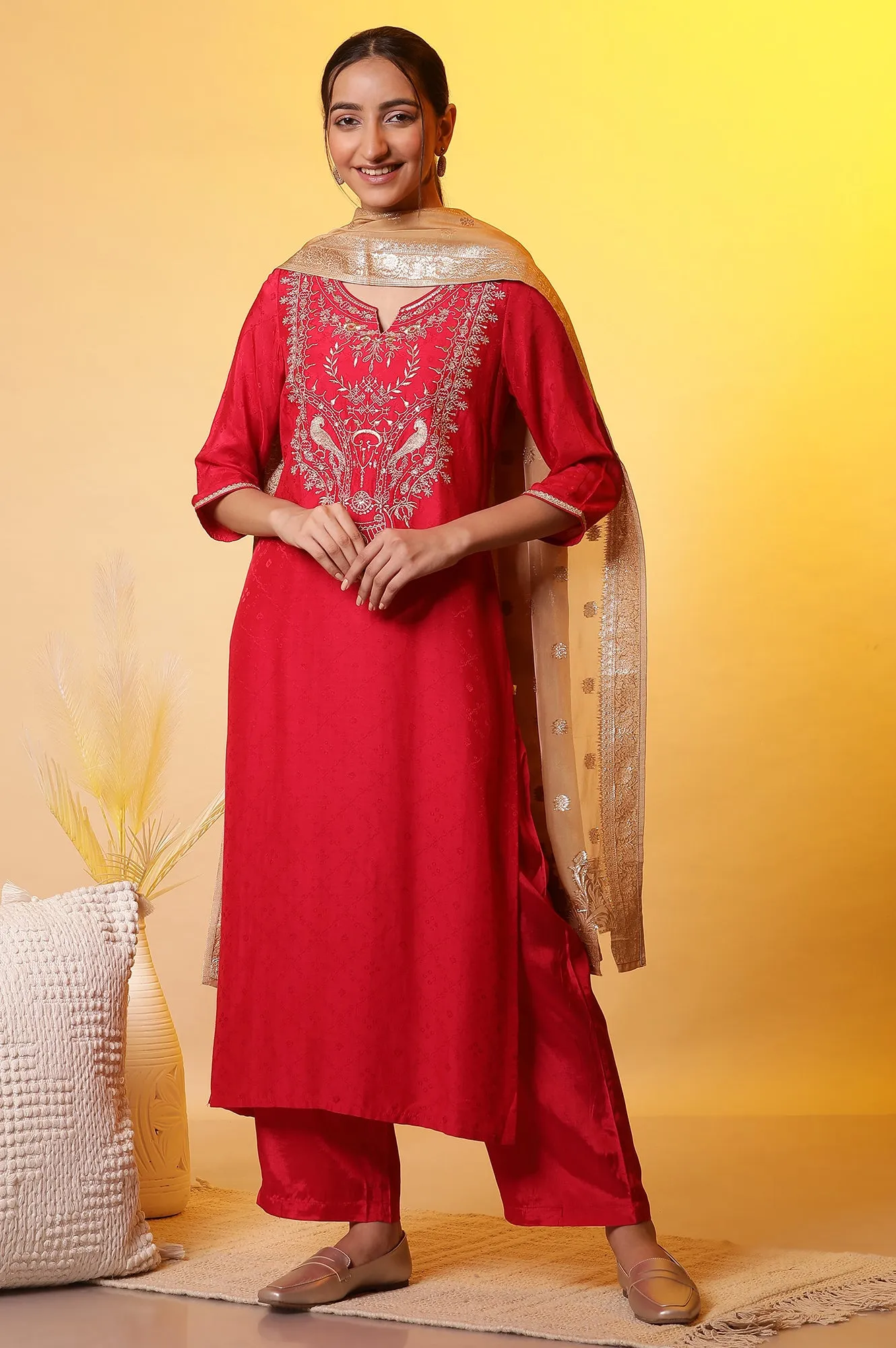 Red Zari Embroidered Kurta, Palazzo and Dupatta Set