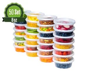 Safeware 8oz [50 Sets] Deli Plastic Food Storage Containers with Airtight Lids - Great for Slime, Soup, Portion Control and Meal Prep | Microwave | Dishwasher | Freezer Safe | Leakproof | Stackable