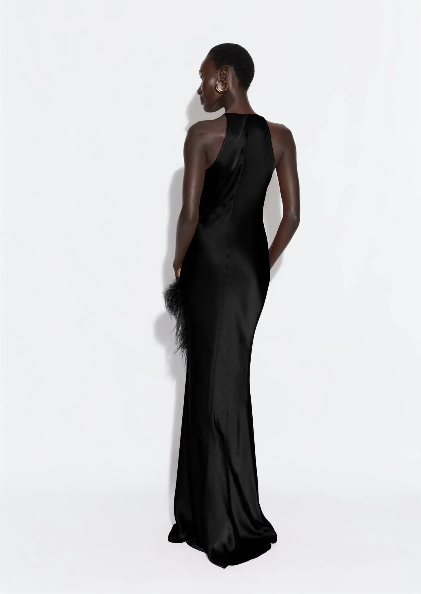 Satin Halter Gown With Feathers