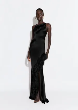 Satin Halter Gown With Feathers