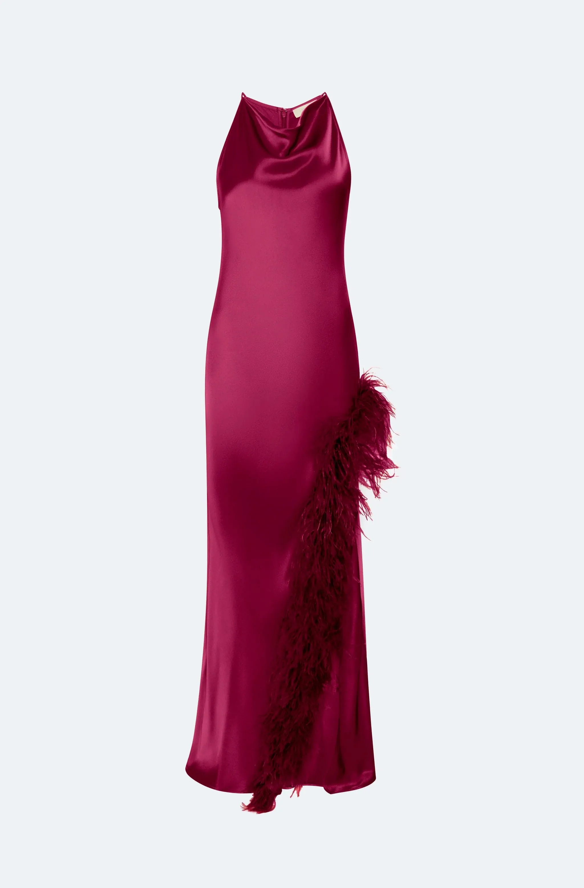 Satin Halter Gown With Feathers